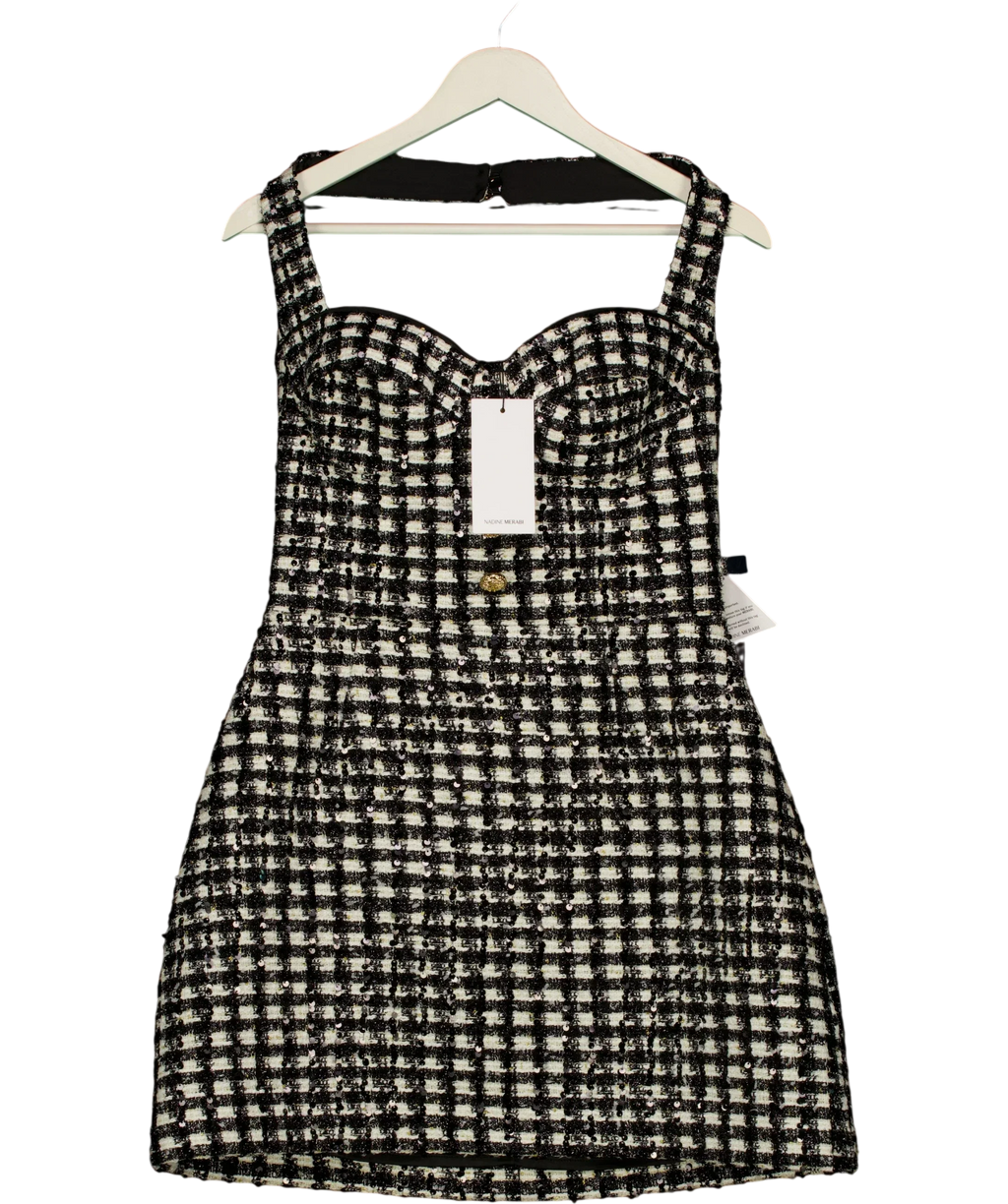 NADINE MERABI Black BLACK / WHITE  Esme Check Bouclé-Tweed Mini Dress Monochrome, size UK 10 — front