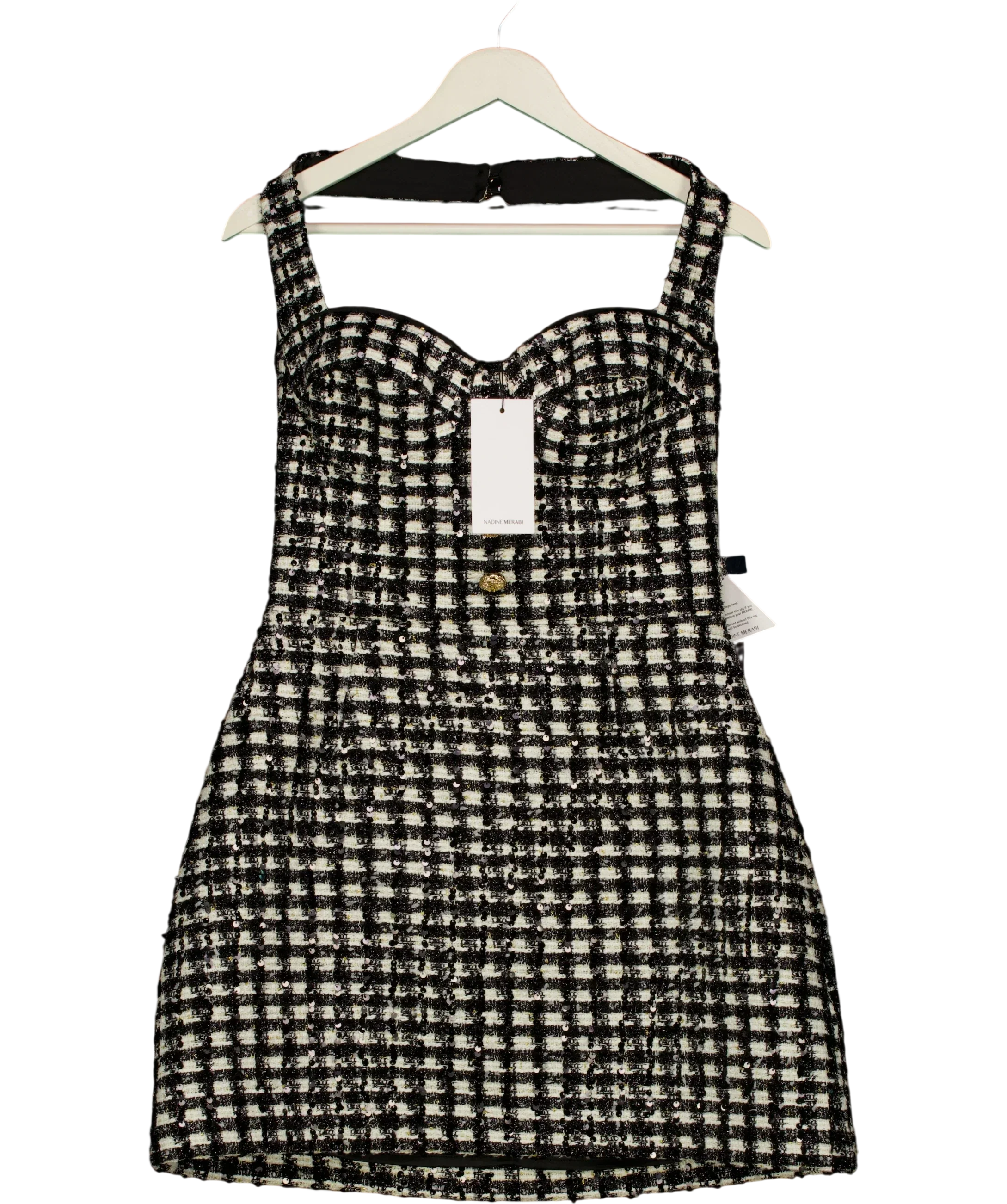 NADINE MERABI Black BLACK / WHITE  Esme Check Bouclé-Tweed Mini Dress Monochrome, size UK 10 — front