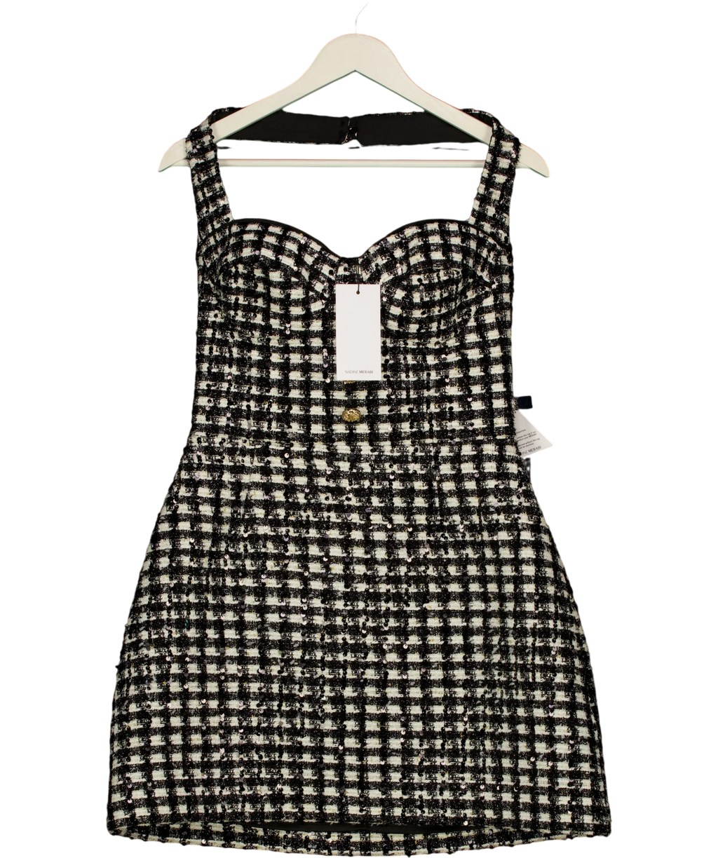 NADINE MERABI Black BLACK / WHITE  Esme Check Bouclé-Tweed Mini Dress Monochrome, size UK 10 — front