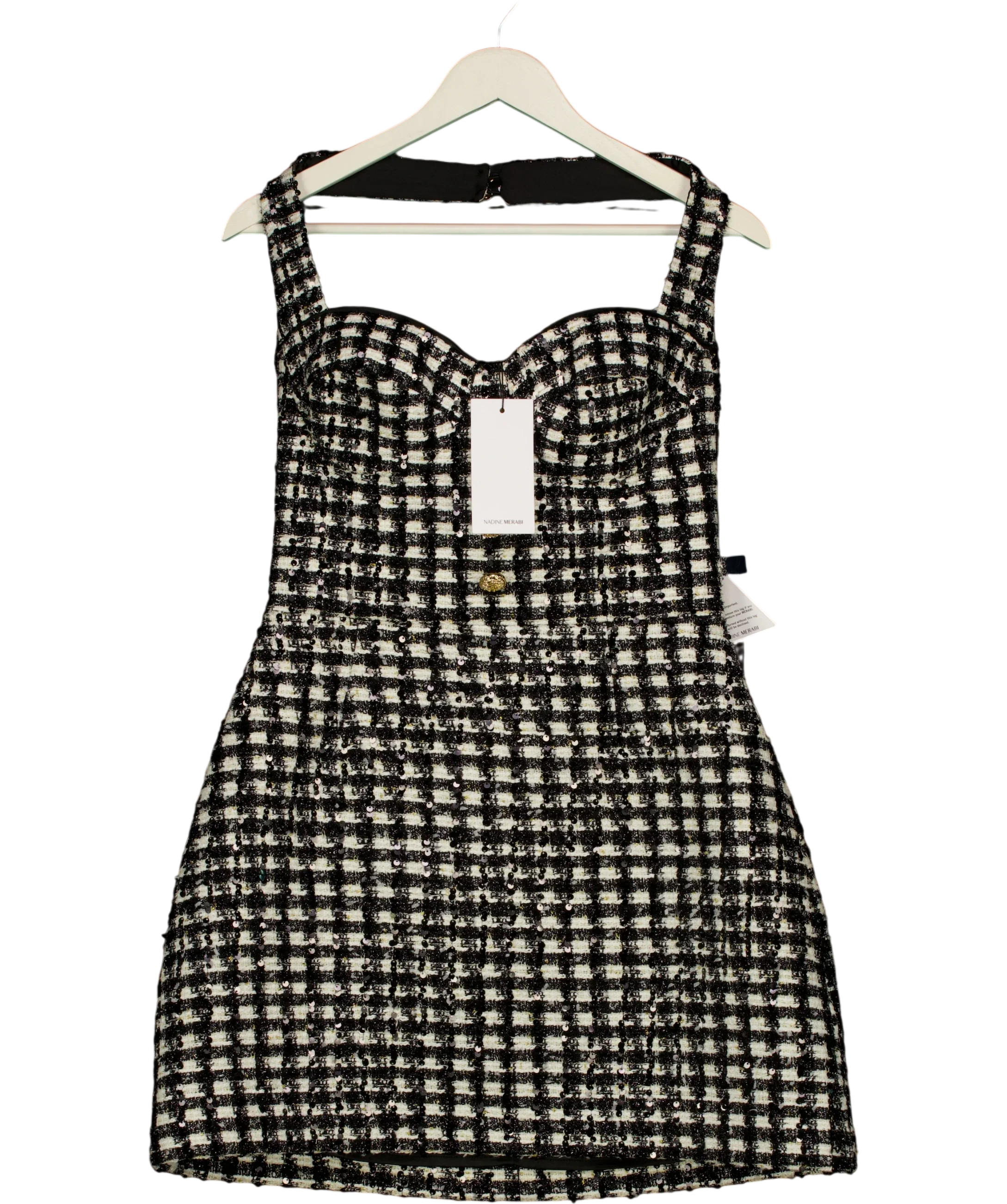 NADINE MERABI Black BLACK / WHITE  Esme Check Bouclé-Tweed Mini Dress Monochrome, size UK 10 — front