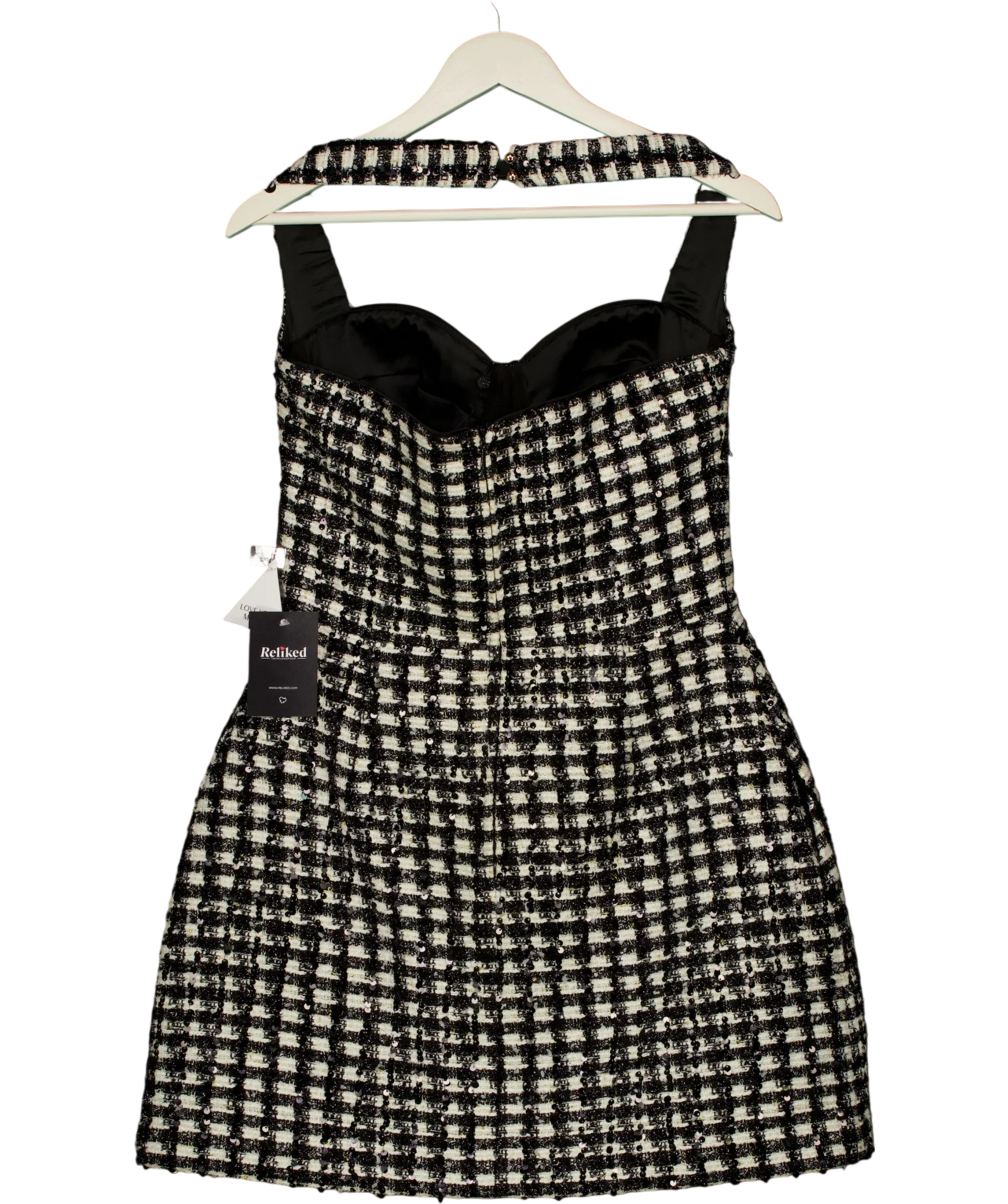 NADINE MERABI Black BLACK / WHITE  Esme Check Bouclé-Tweed Mini Dress Monochrome, size UK 10 — back