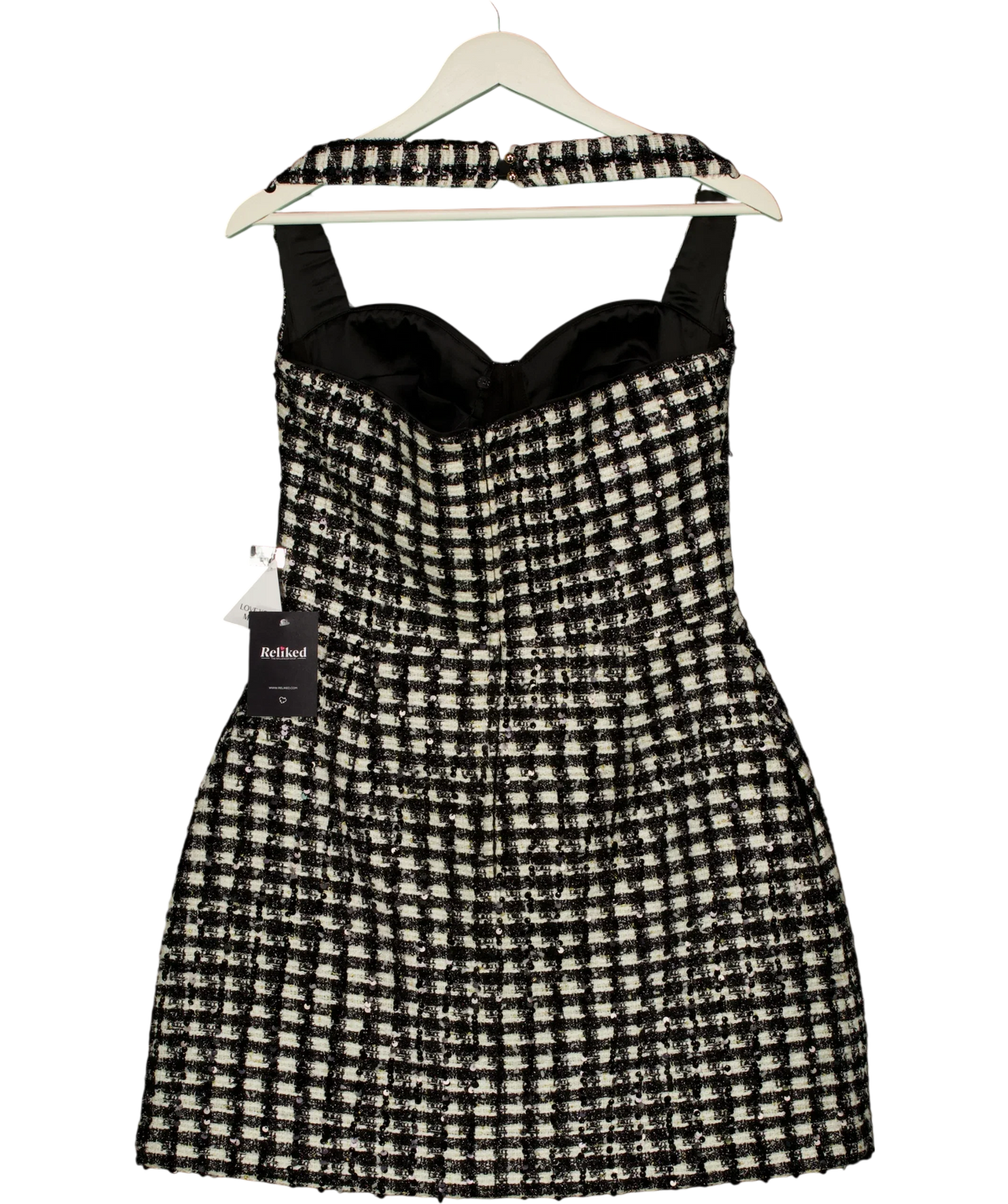 NADINE MERABI Black BLACK / WHITE  Esme Check Bouclé-Tweed Mini Dress Monochrome, size UK 10 — back