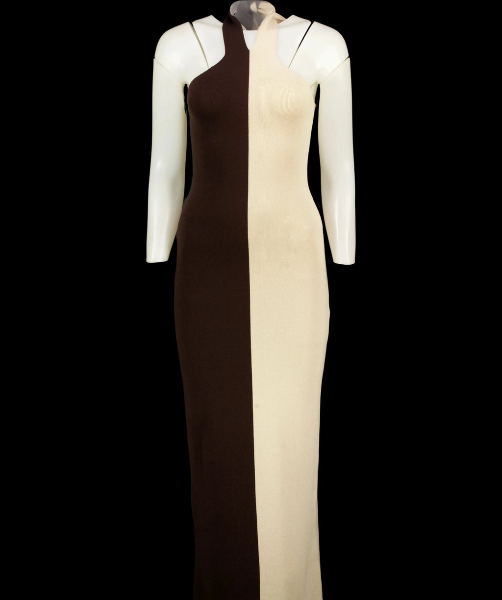 PRETTY LAVISH Brown Berkley Contrast Knit Maxi Dress Beige/Brown, size UK S — care label