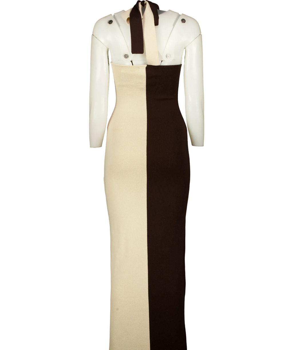 PRETTY LAVISH Brown Berkley Contrast Knit Maxi Dress Beige/Brown, size UK S — back