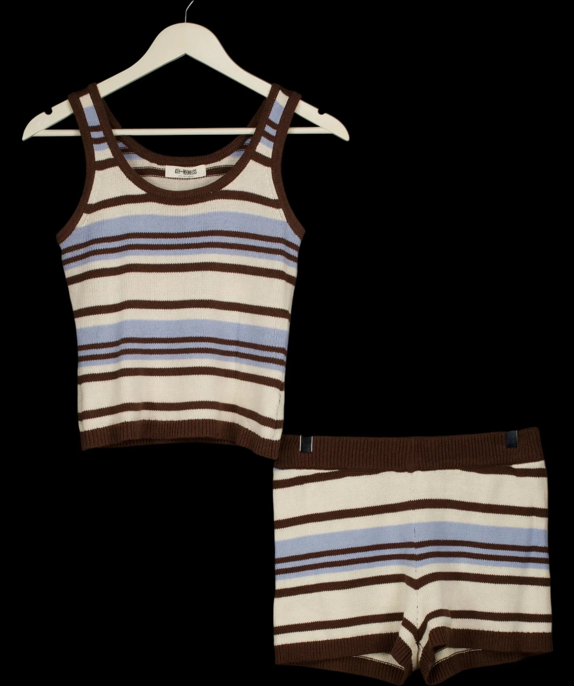 4th & Reckless Blue Amara Stripe Knitted Vest Top and Shorts Set Blue Multi, size UK 8 — detail