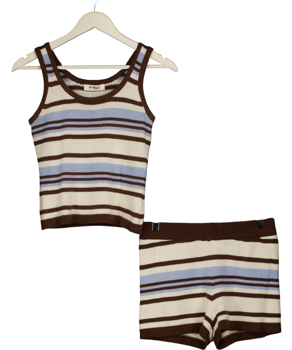 4th & Reckless Blue Amara Stripe Knitted Vest Top and Shorts Set Blue Multi, size UK 8 — front