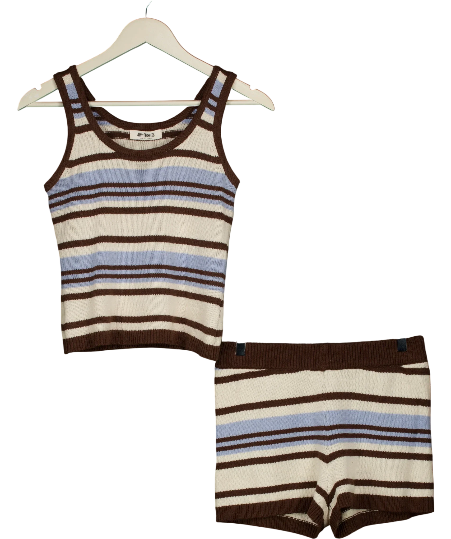 4th & Reckless Blue Amara Stripe Knitted Vest Top and Shorts Set Blue Multi, size UK 8 — front