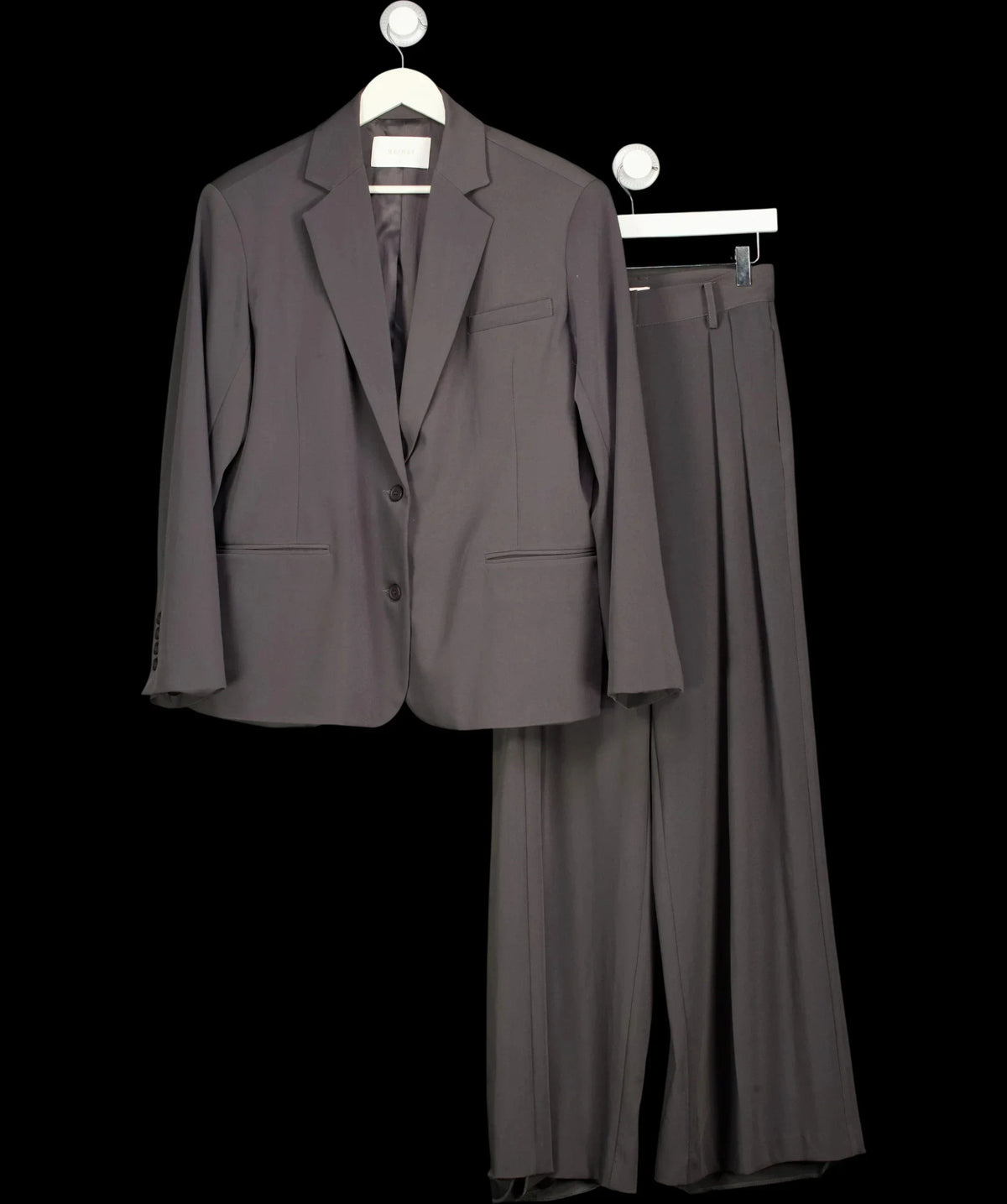Meshki Grey Mateo Oversized Blazer and Arlo Wide Leg Trouser Suit Set Charcoal Grey, size UK S — detail