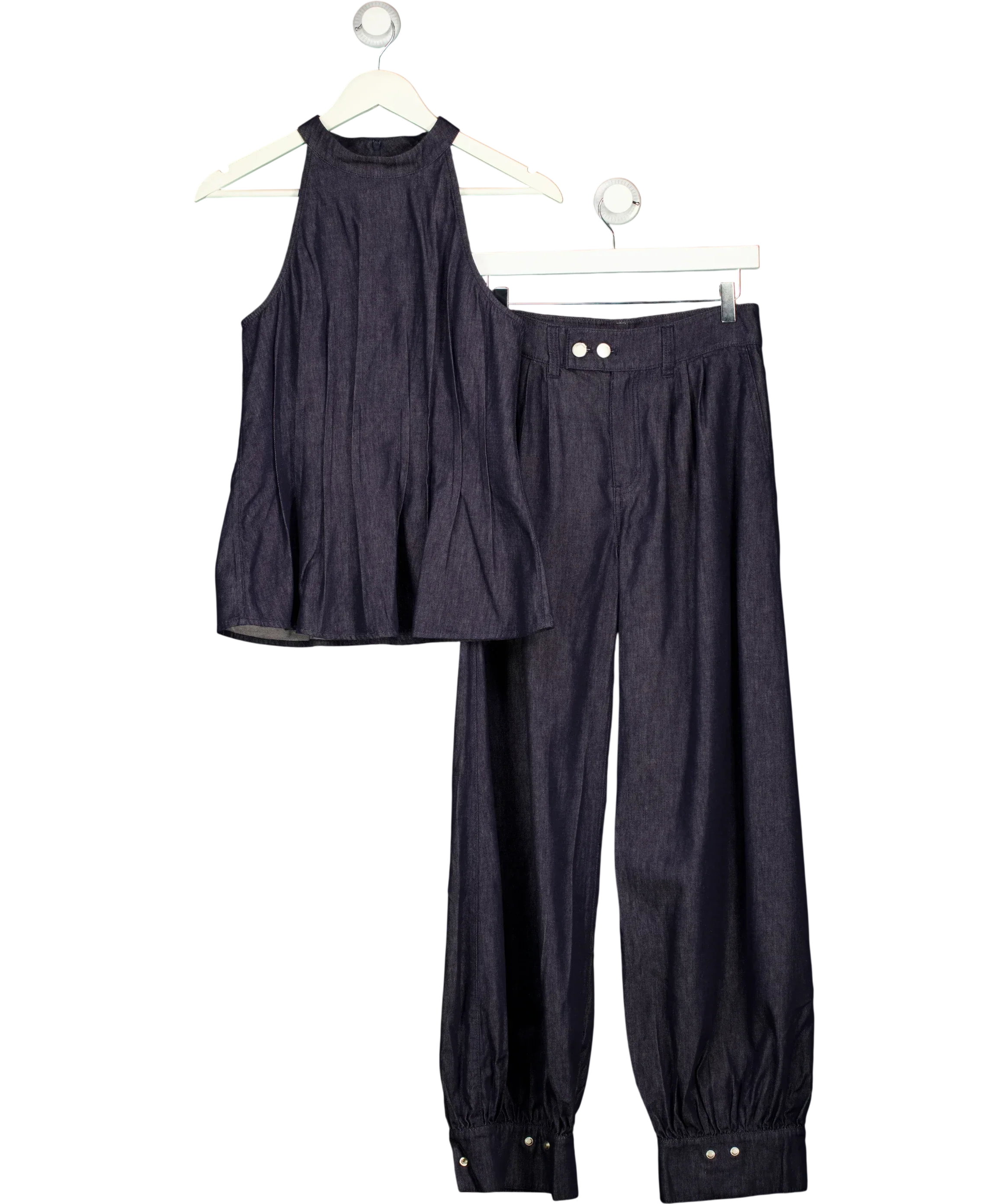 Fabrique Blue x Rebekka Bach Brooke Top and Bonnie Balloon Jeans Set Raw Denim, size UK S — front