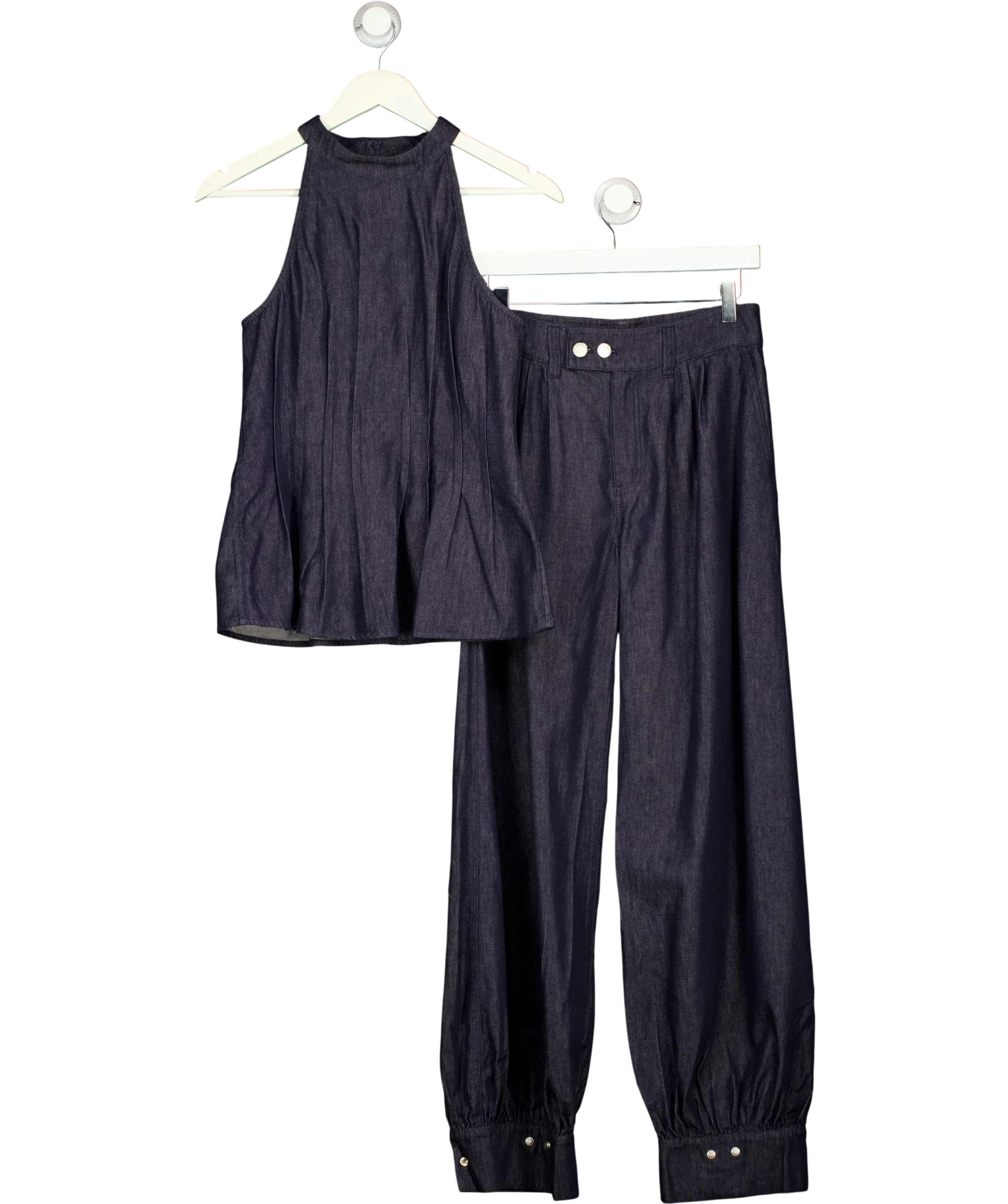 Fabrique Blue x Rebekka Bach Brooke Top and Bonnie Balloon Jeans Set Raw Denim, size UK S — front