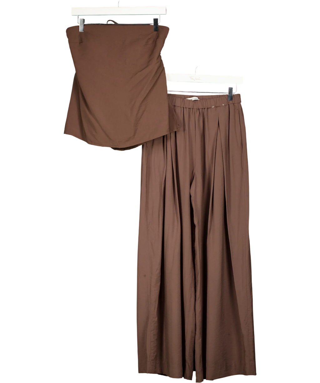 ABERCROMBIE & FITCH Brown Strapless Open-Back Top and Sloane Wide Leg Trouser Set Brown, size UK S — front