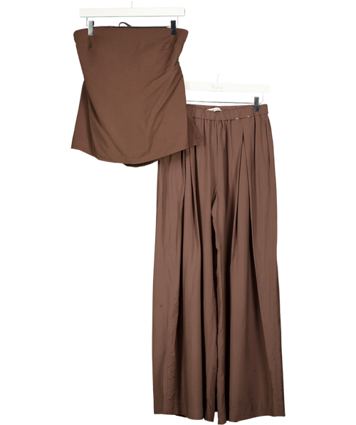 ABERCROMBIE & FITCH Brown Strapless Open-Back Top and Sloane Wide Leg Trouser Set Brown, size UK S — front