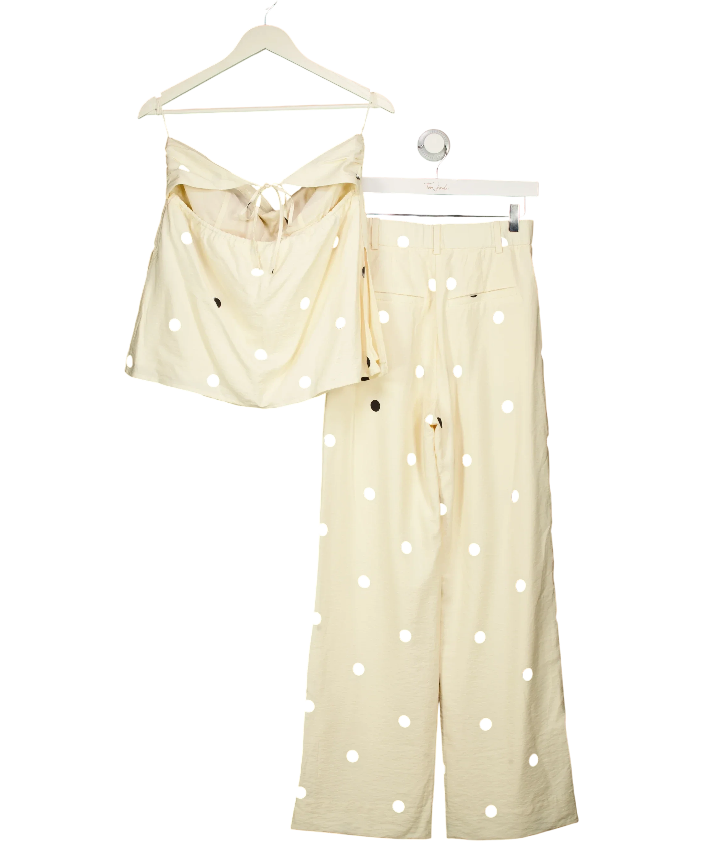 ABERCROMBIE & FITCH Yellow CREAM POLKA DOT Top & Sloane Crepe Tailored Wide Leg TROUSERS, size UK M — back
