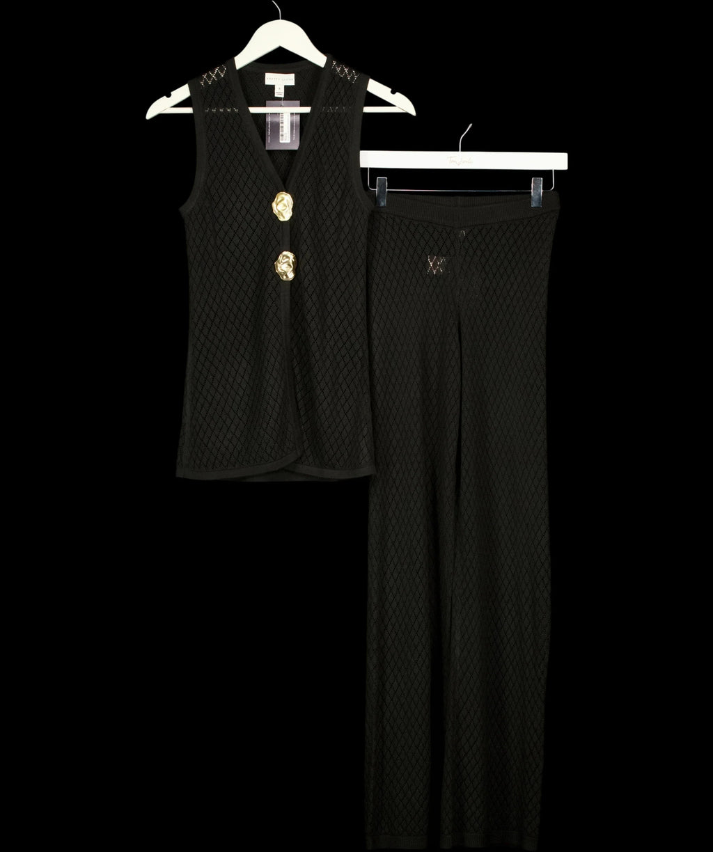 PRETTY LAVISH Black Imani Pointelle Knit Waistcoat and Trousers Set Black, size UK XS/S — detail