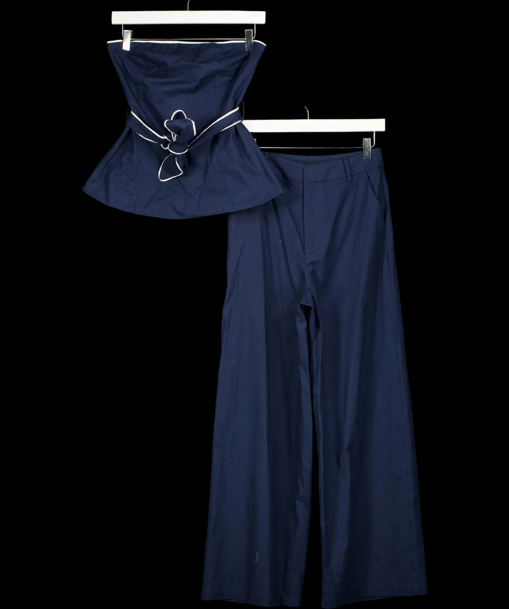 Commense Blue Strapless Belted Peplum Top and Wide Leg Trousers Set Navy  blue, size UK XS — detail