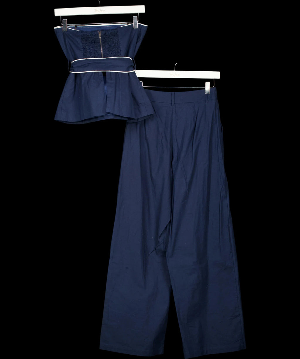 Commense Blue Strapless Belted Peplum Top and Wide Leg Trousers Set Navy  blue, size UK XS — label