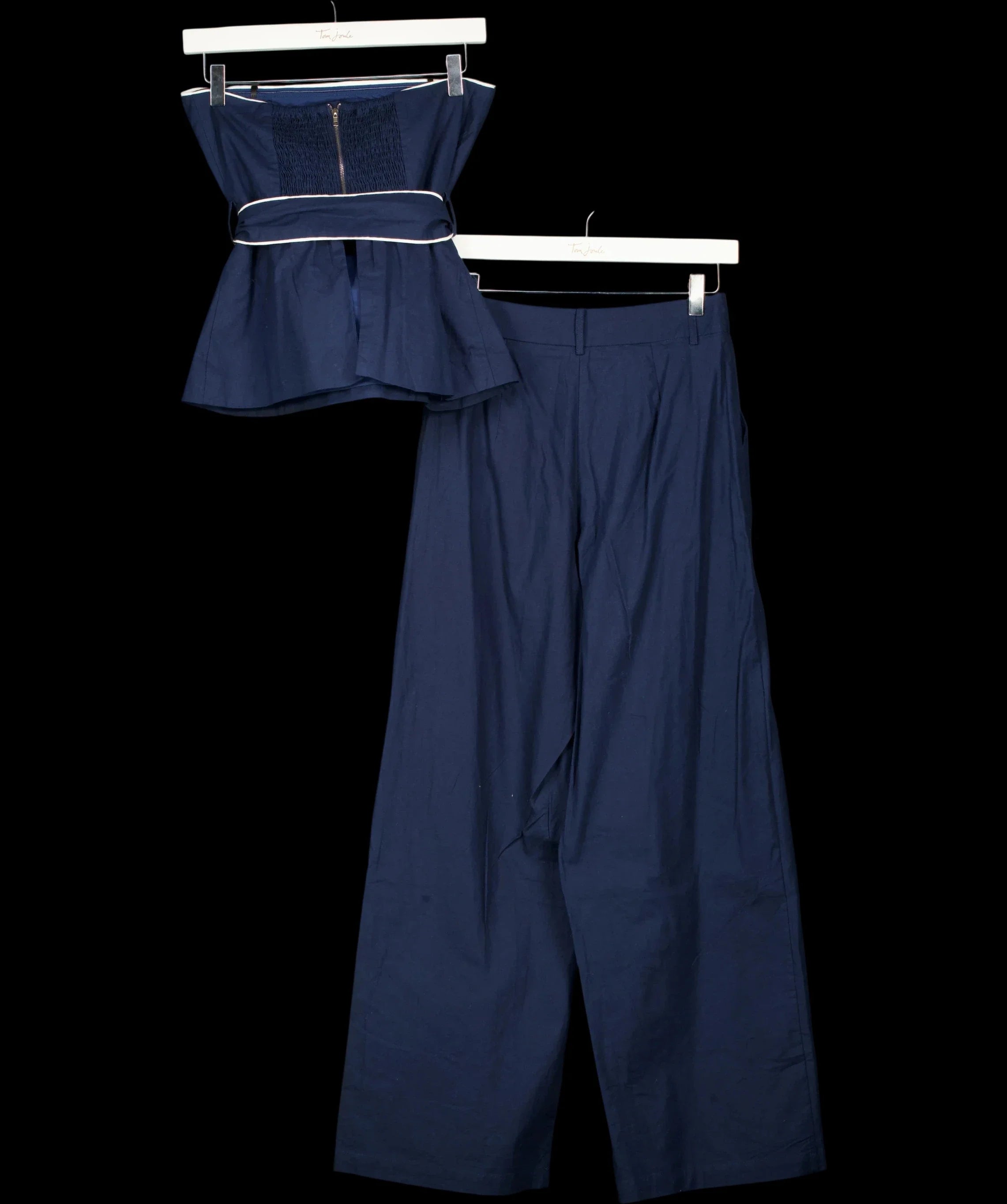 Commense Blue Strapless Belted Peplum Top and Wide Leg Trousers Set Navy  blue, size UK XS — label