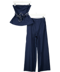 Commense Blue Strapless Belted Peplum Top and Wide Leg Trousers Set Navy  blue, size UK XS — front