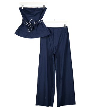 Commense Strapless Belted Peplum Top And Wide Leg Trousers Set Navy  Blue UK XS