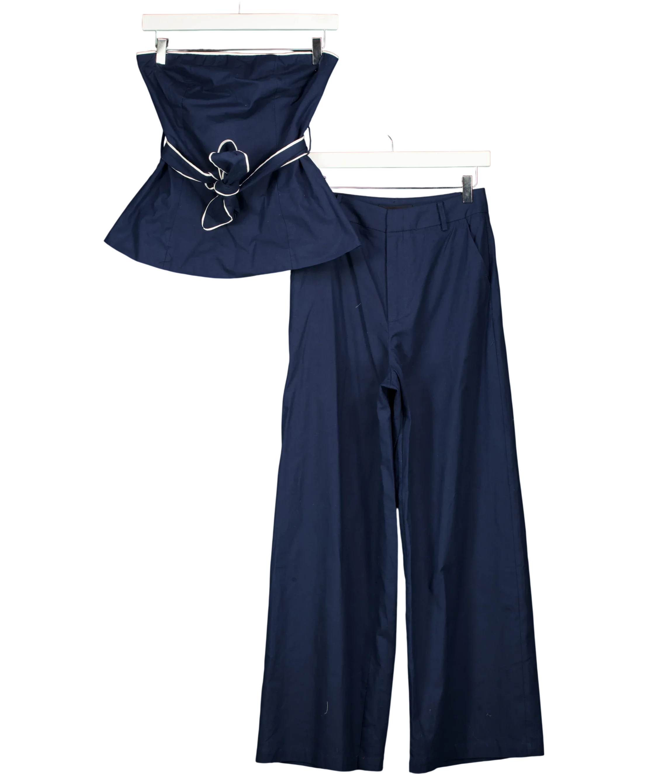 Commense Blue Strapless Belted Peplum Top and Wide Leg Trousers Set Navy  blue, size UK XS — front