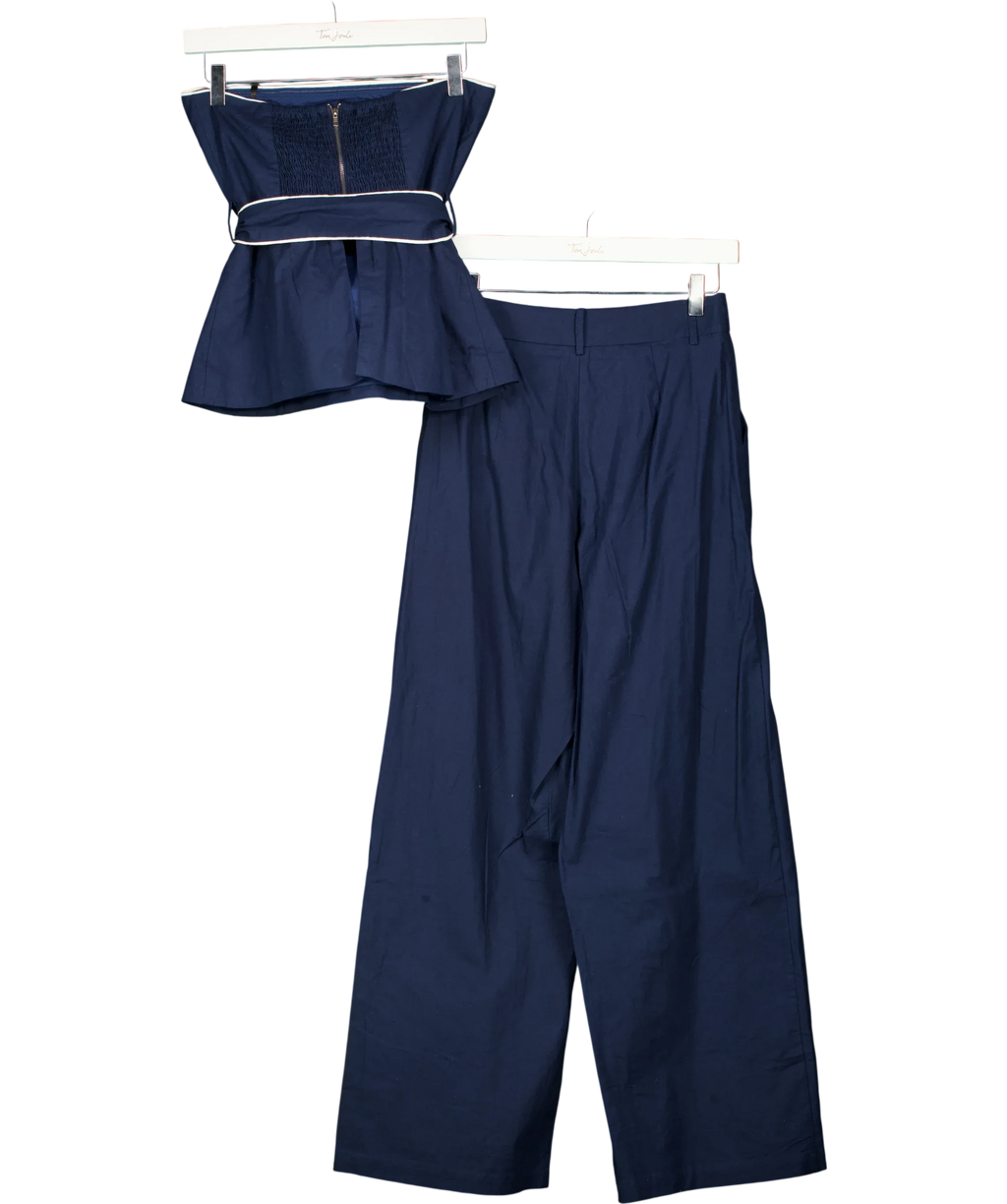 Commense Blue Strapless Belted Peplum Top and Wide Leg Trousers Set Navy  blue, size UK XS — back