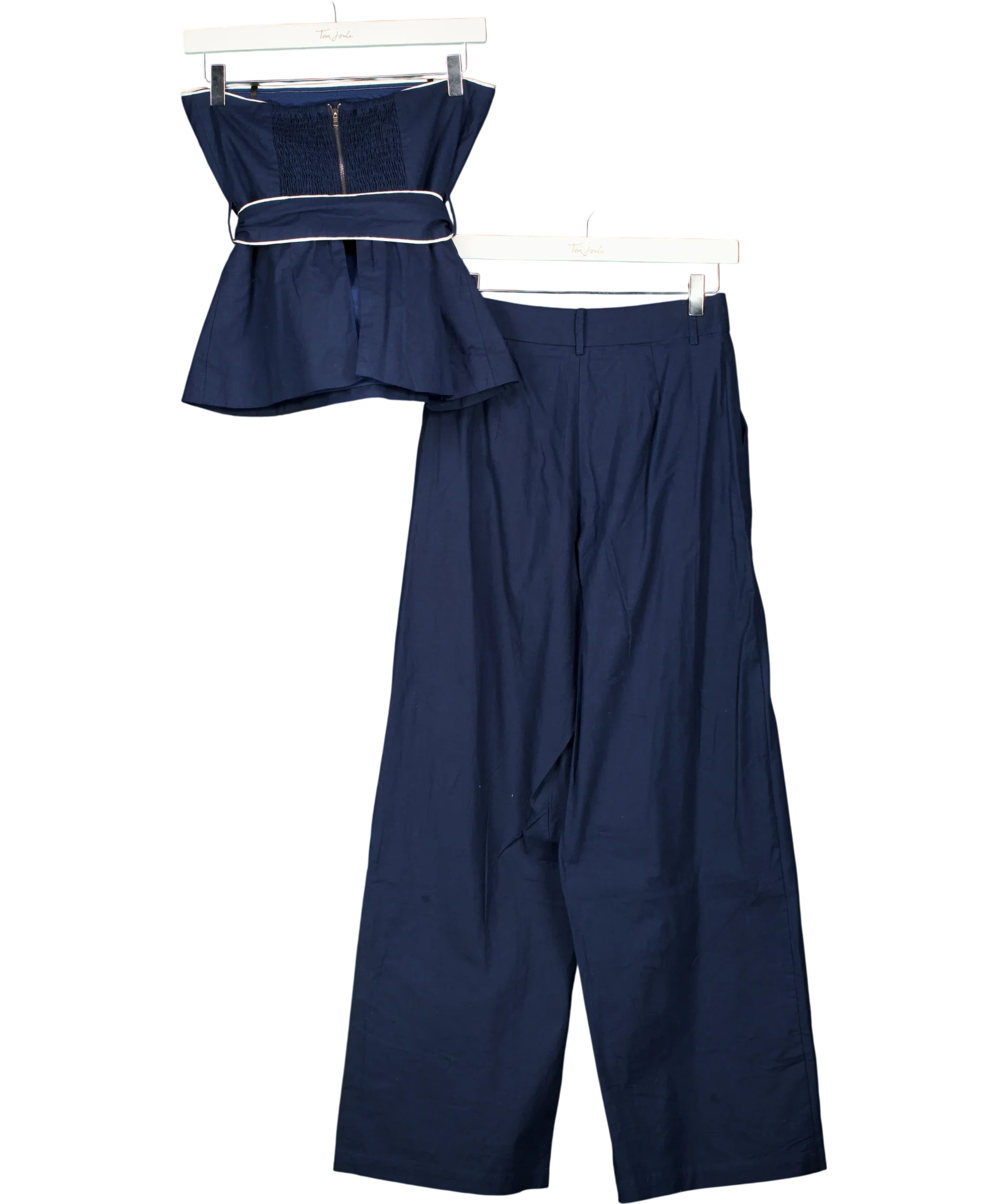 Commense Blue Strapless Belted Peplum Top and Wide Leg Trousers Set Navy  blue, size UK XS — back