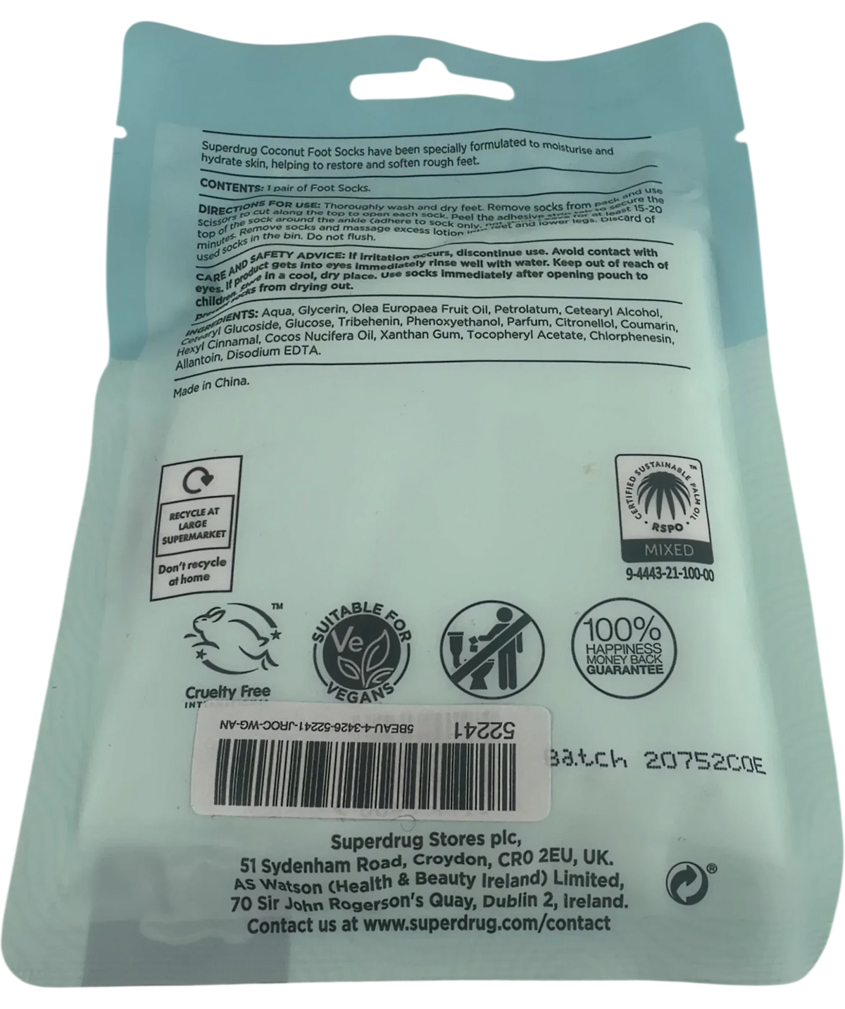 Superdrug Coconut Moisturising Foot Socks One Size One size — Back