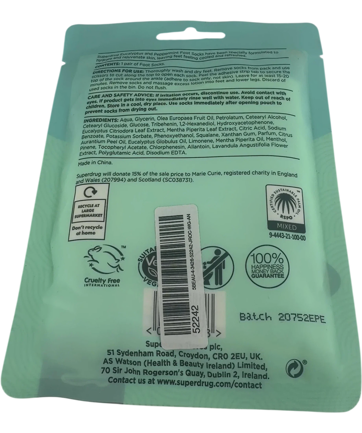 Superdrug Superdrug Eucalyptus & Peppermint Foot Socks — back