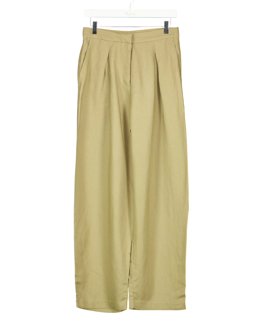 H&M Green Linen-Blend Barrel Trousers Sage Green, size UK 8 — front