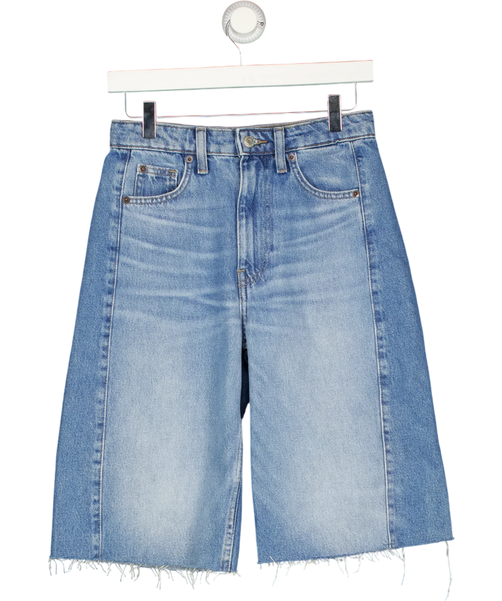 H&M Blue High-Waisted Contrast Panel Bermuda Denim Shorts Blue, size UK 8 — front