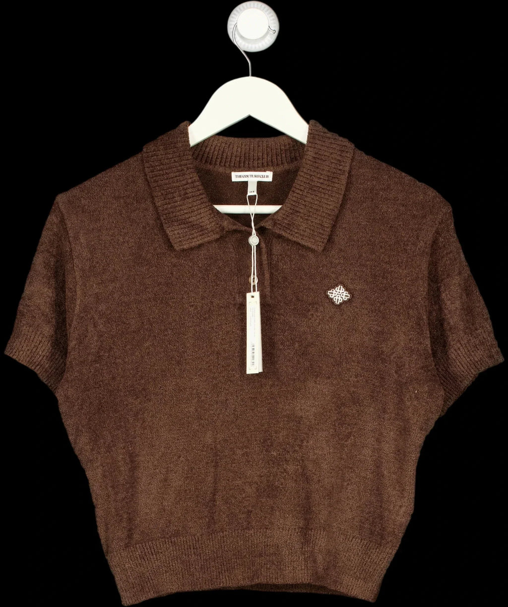 The Couture Club Brown Towelling Open Collar Cropped Polo Shirt Brown, size UK 8 — detail