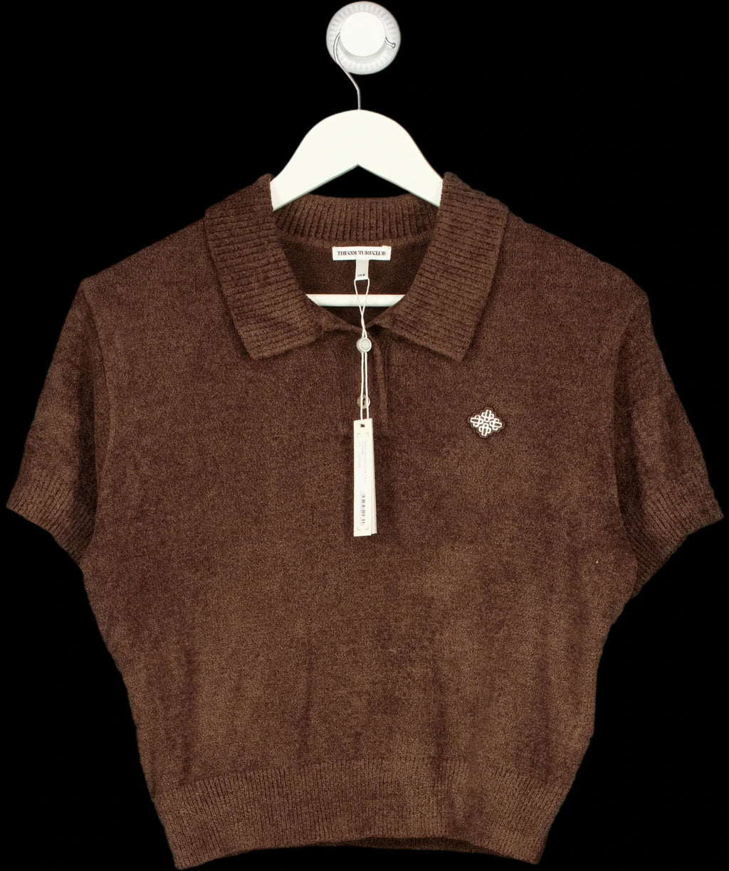 The Couture Club Brown Towelling Open Collar Cropped Polo Shirt Brown, size UK 8 — detail