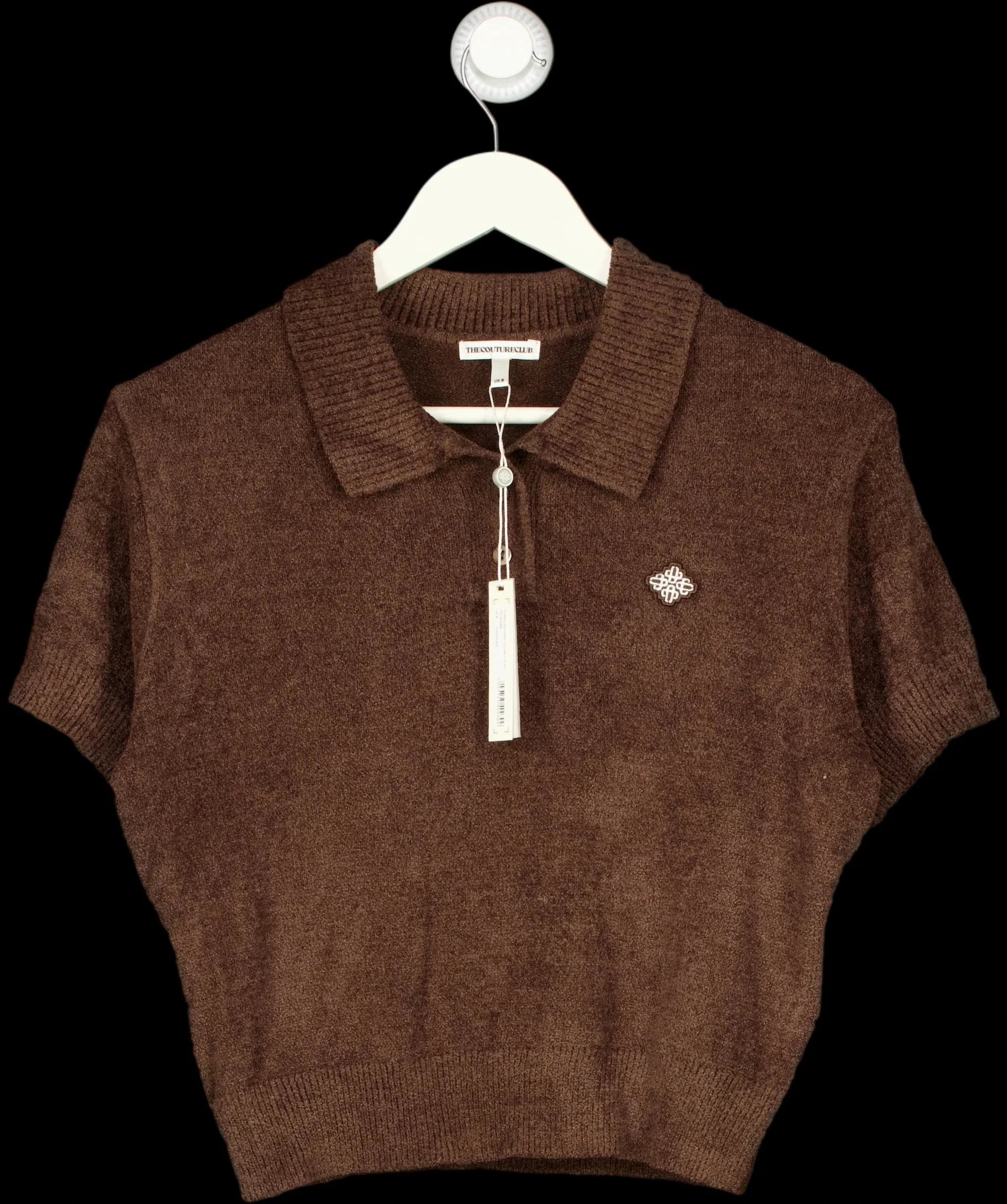 The Couture Club Brown Towelling Open Collar Cropped Polo Shirt Brown, size UK 8 — detail