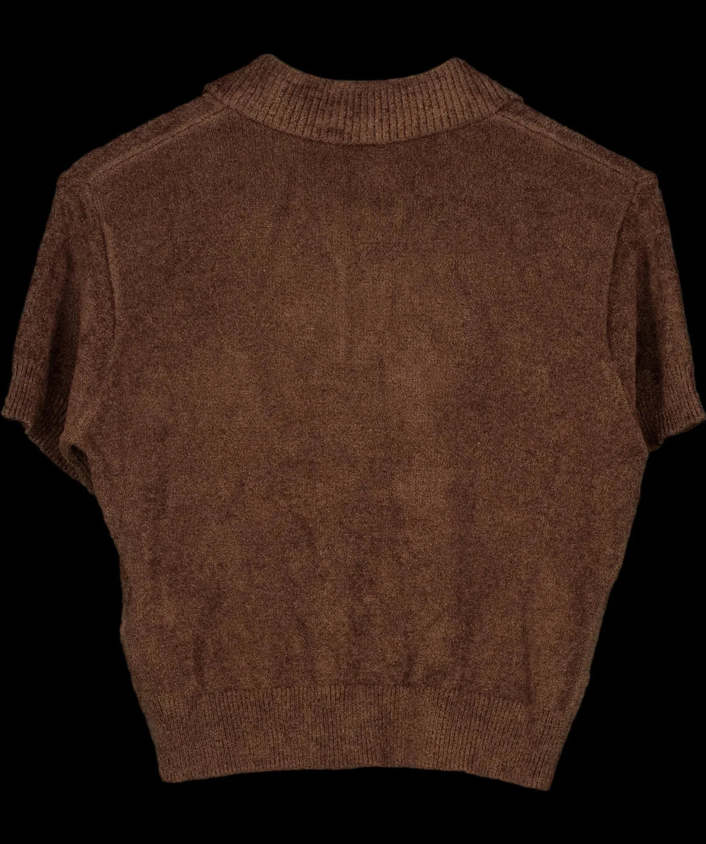 The Couture Club Brown Towelling Open Collar Cropped Polo Shirt Brown, size UK 8 — label