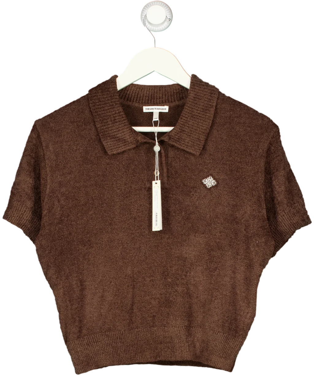 The Couture Club Brown Towelling Open Collar Cropped Polo Shirt Brown, size UK 8 — front