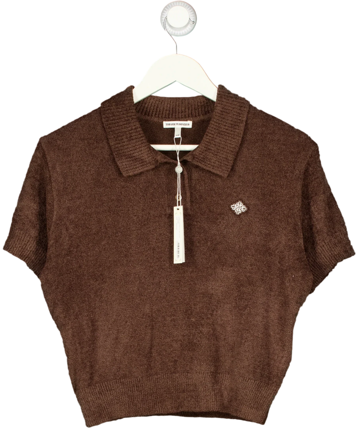 The Couture Club Brown Towelling Open Collar Cropped Polo Shirt Brown, size UK 8 — front
