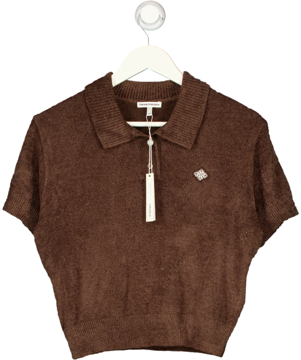 The Couture Club Brown Towelling Open Collar Cropped Polo Shirt Brown, size UK 8 — front