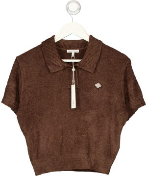 The Couture Club Towelling Open Collar Cropped Polo Shirt Brown UK 8
