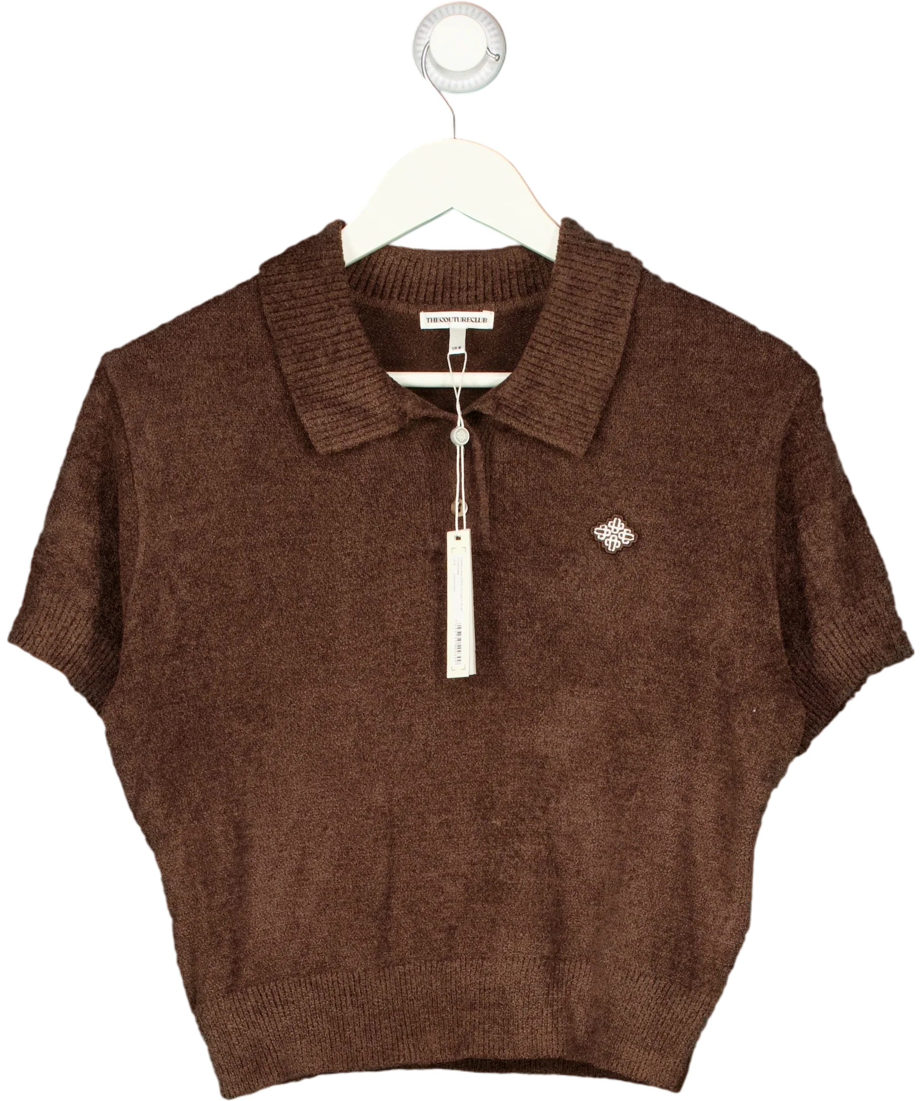 The Couture Club Brown Towelling Open Collar Cropped Polo Shirt Brown, size UK 8 — front