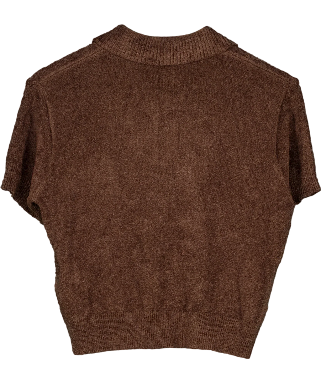 The Couture Club Brown Towelling Open Collar Cropped Polo Shirt Brown, size UK 8 — back