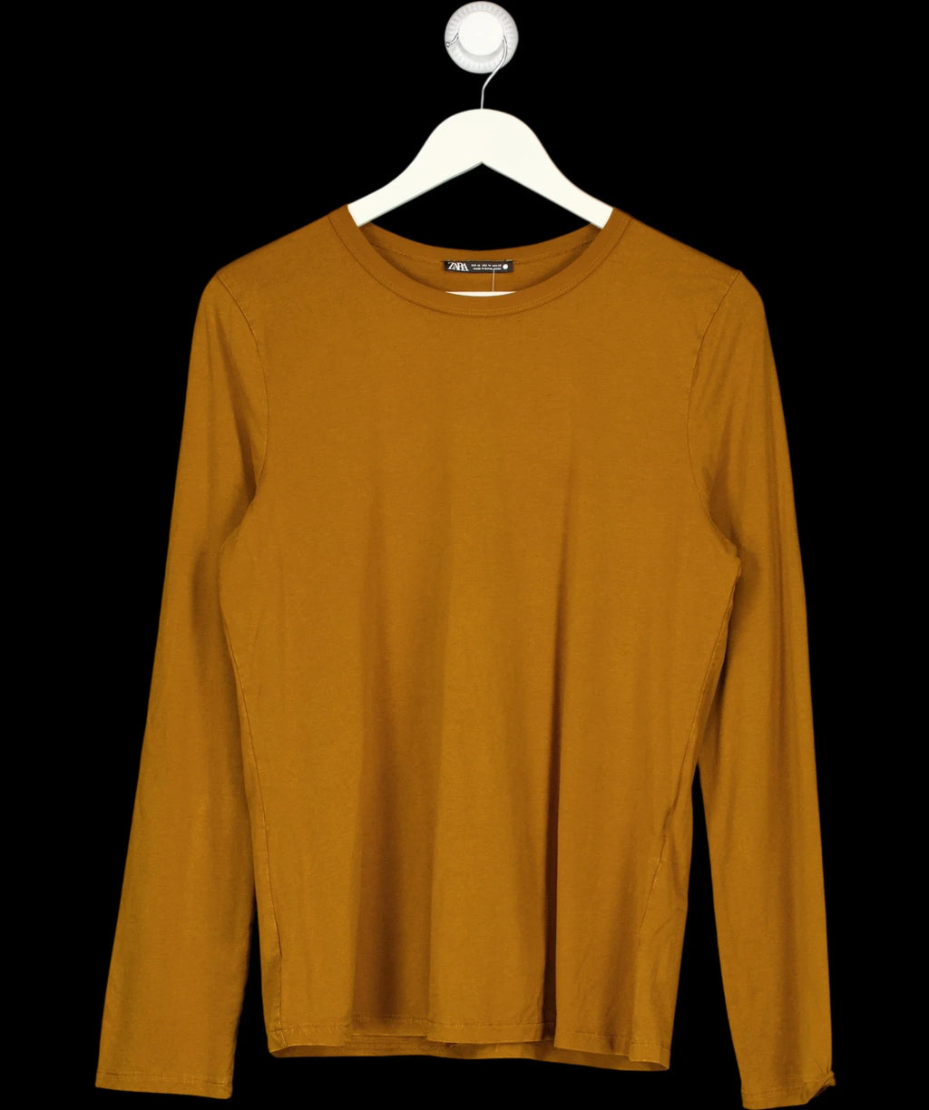 ZARA Brown tan brown Classic Slim Fit Long Sleeve T-Shirt, size UK M — detail