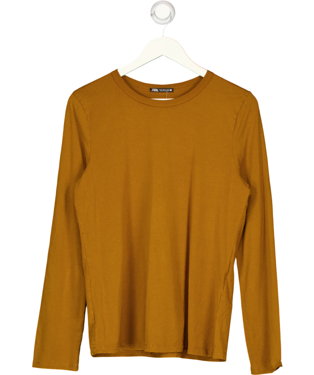 ZARA Brown tan brown Classic Slim Fit Long Sleeve T-Shirt, size UK M — front