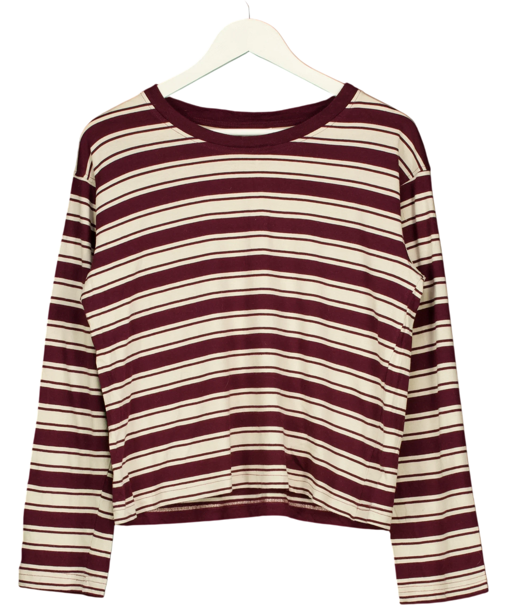 Monki Cream Striped Boxy Long Sleeve Top Burgundy Cream, size UK M — front