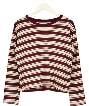 Monki Striped Boxy Long Sleeve Top Burgundy Cream UK M