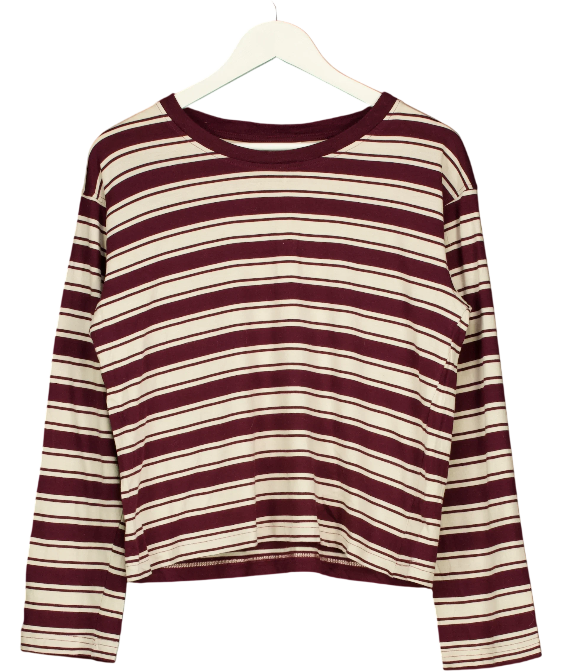 Monki Cream Striped Boxy Long Sleeve Top Burgundy Cream, size UK M — front