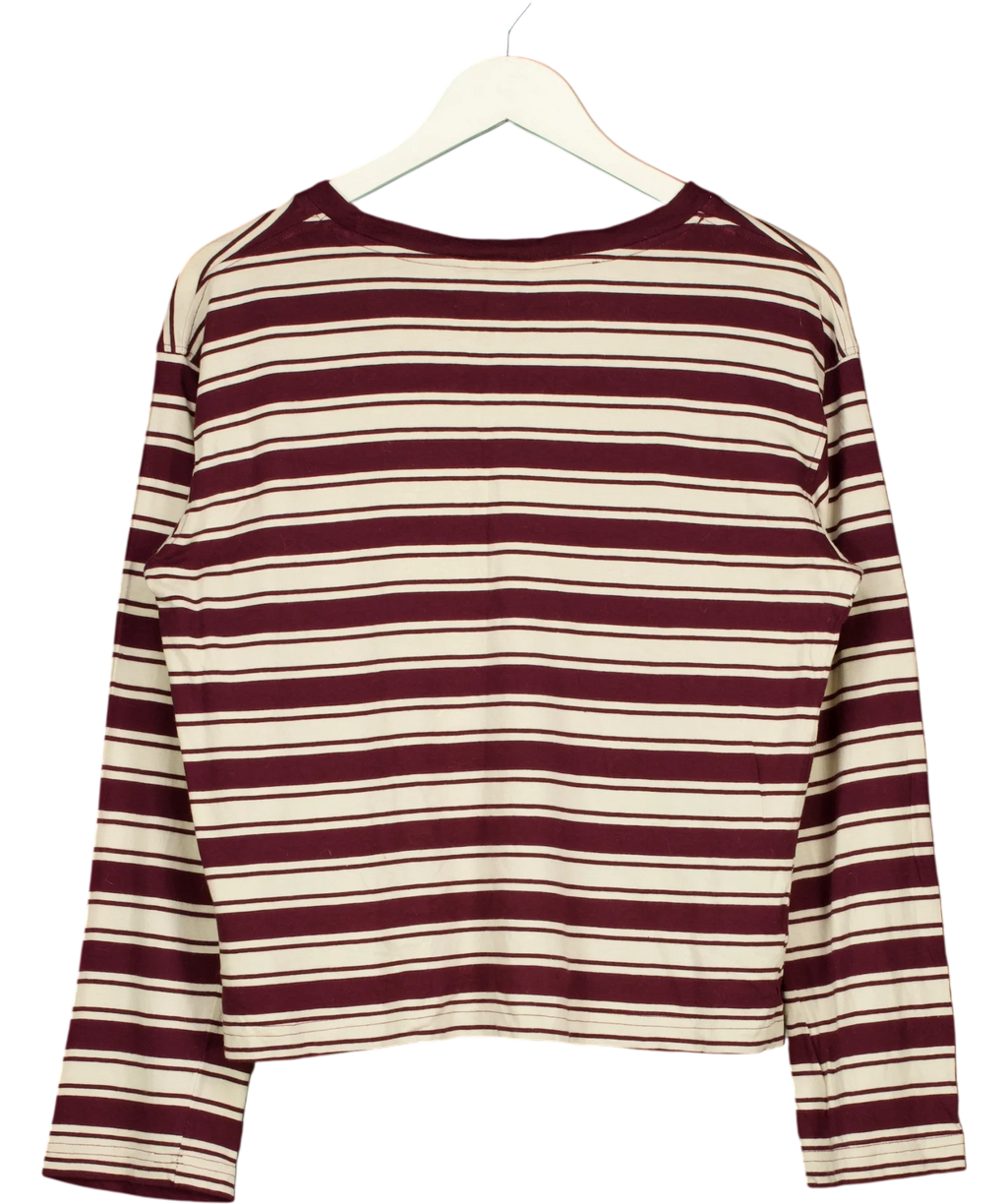 Monki Cream Striped Boxy Long Sleeve Top Burgundy Cream, size UK M — back
