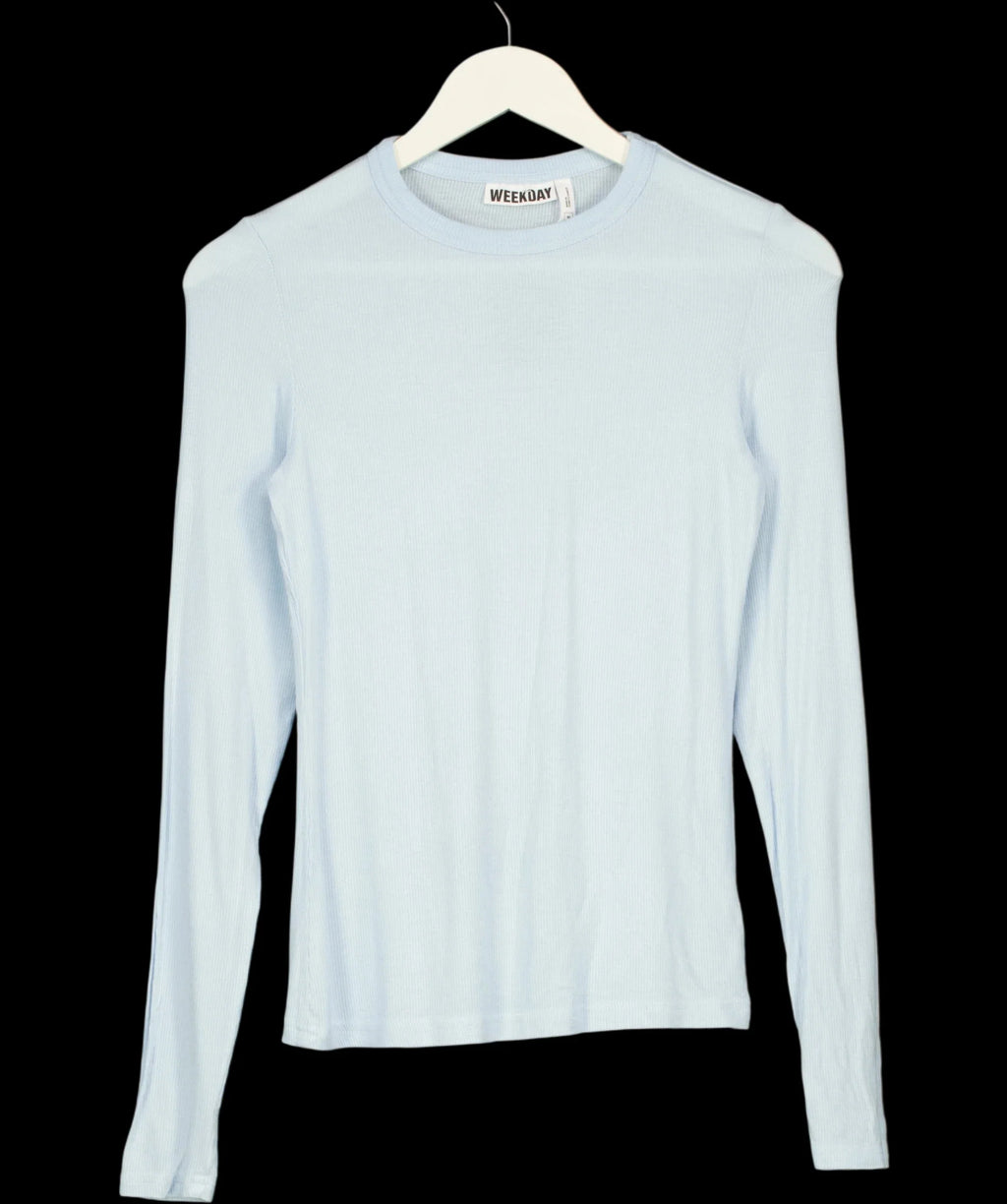 Weekday Blue Essence Long Sleeve Ribbed Jersey Top Pale Blue, size UK M — detail
