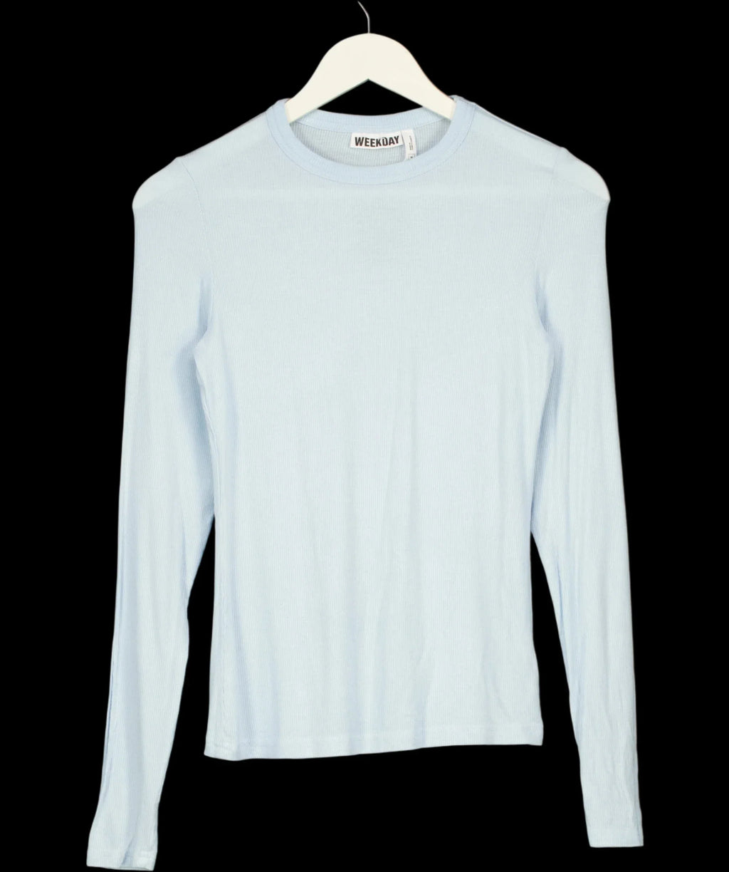 Weekday Blue Essence Long Sleeve Ribbed Jersey Top Pale Blue, size UK M — detail