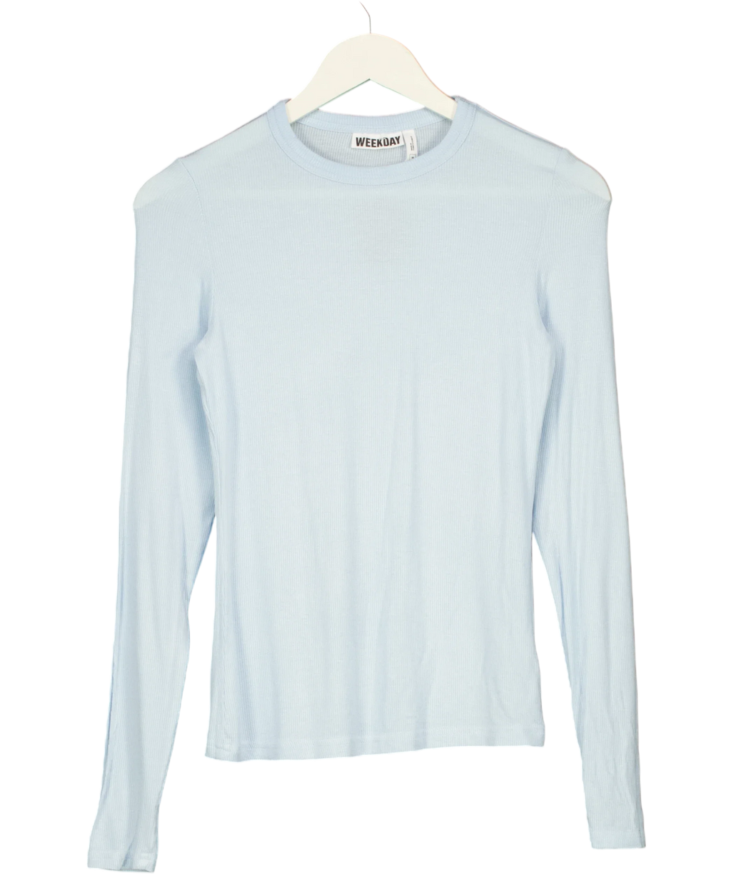 Weekday Blue Essence Long Sleeve Ribbed Jersey Top Pale Blue, size UK M — front