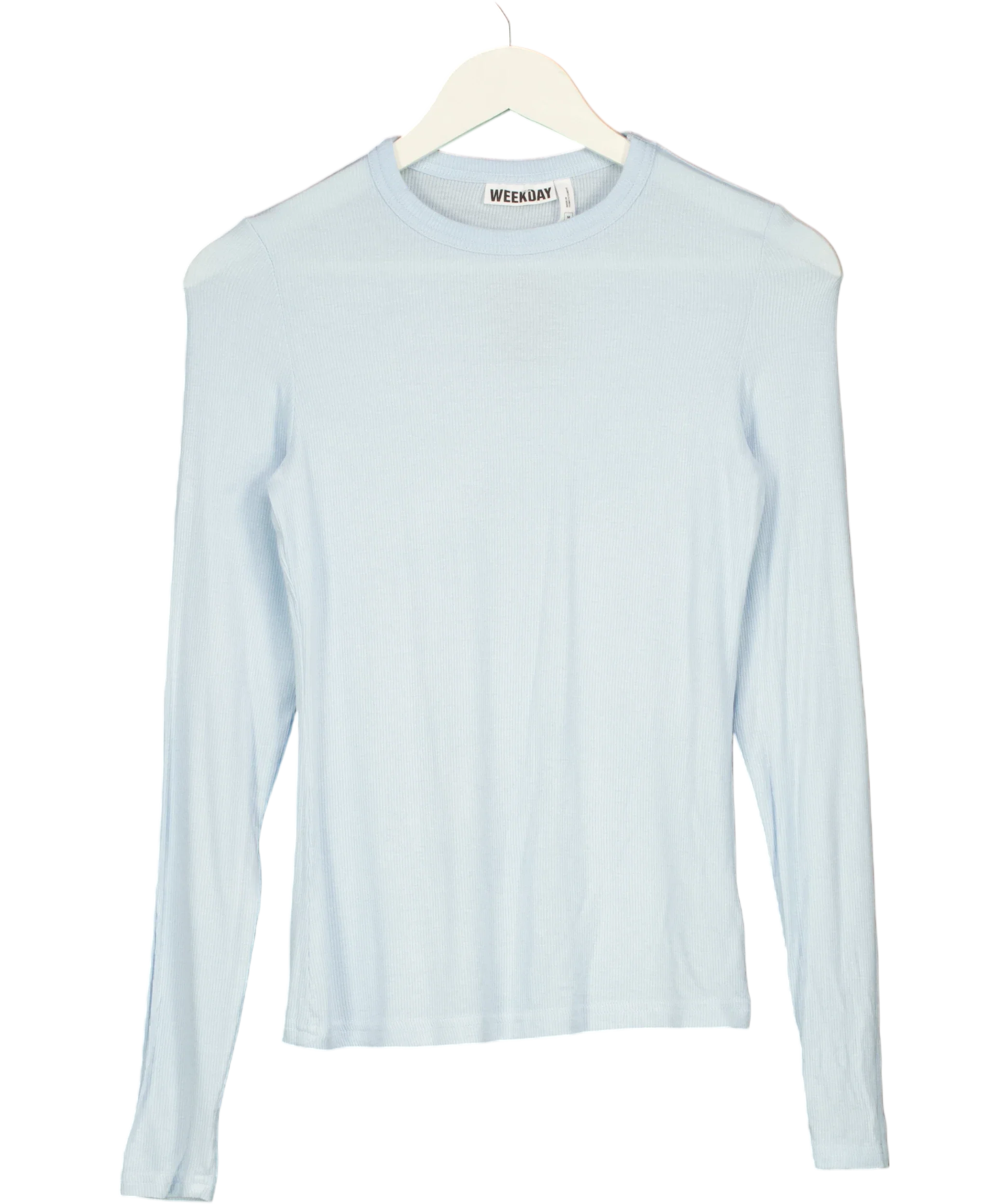 Weekday Blue Essence Long Sleeve Ribbed Jersey Top Pale Blue, size UK M — front